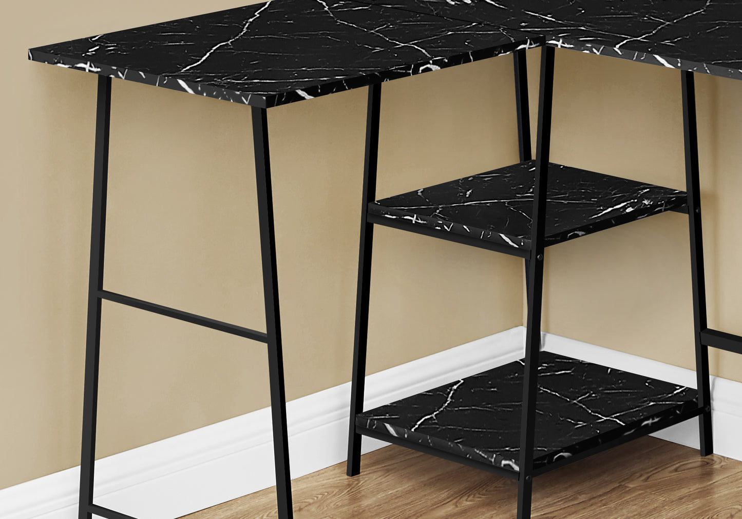 Black marble desk with black metal legs and two open shelves