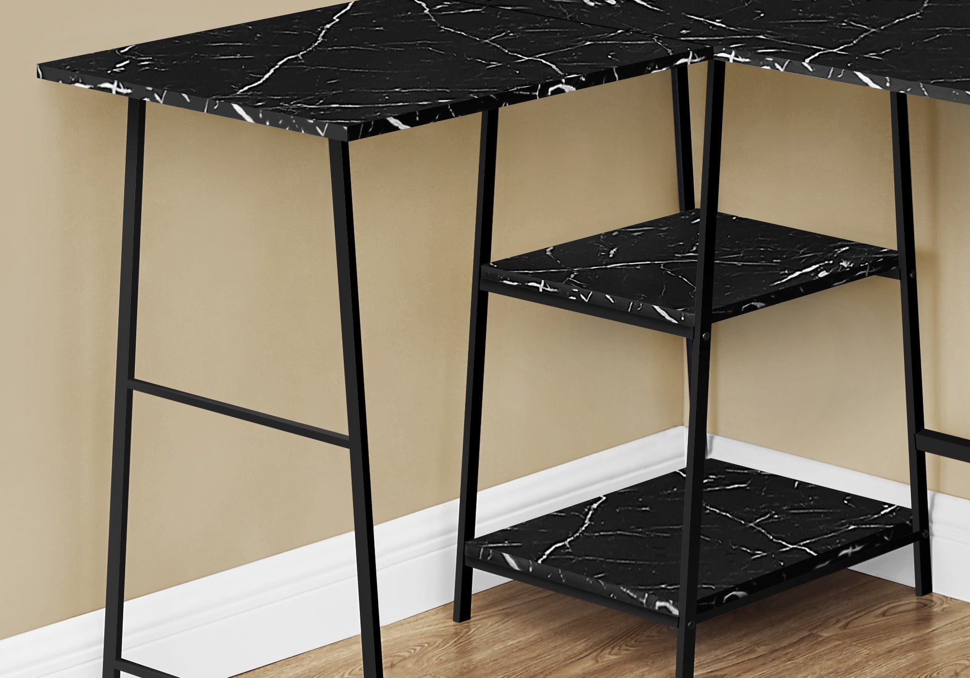Black marble desk with black metal legs and two open shelves