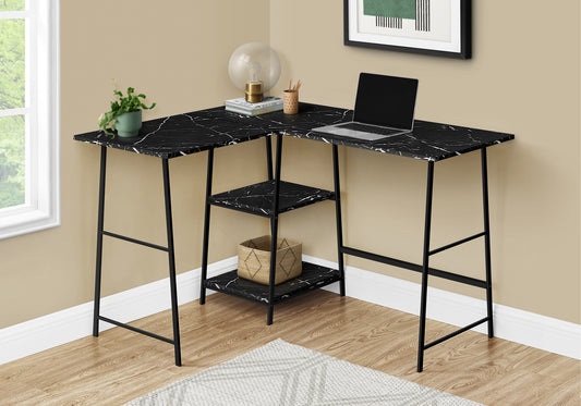 Black marble Lshaped desk with black metal legs and builtin shelves perfect for a modern home office