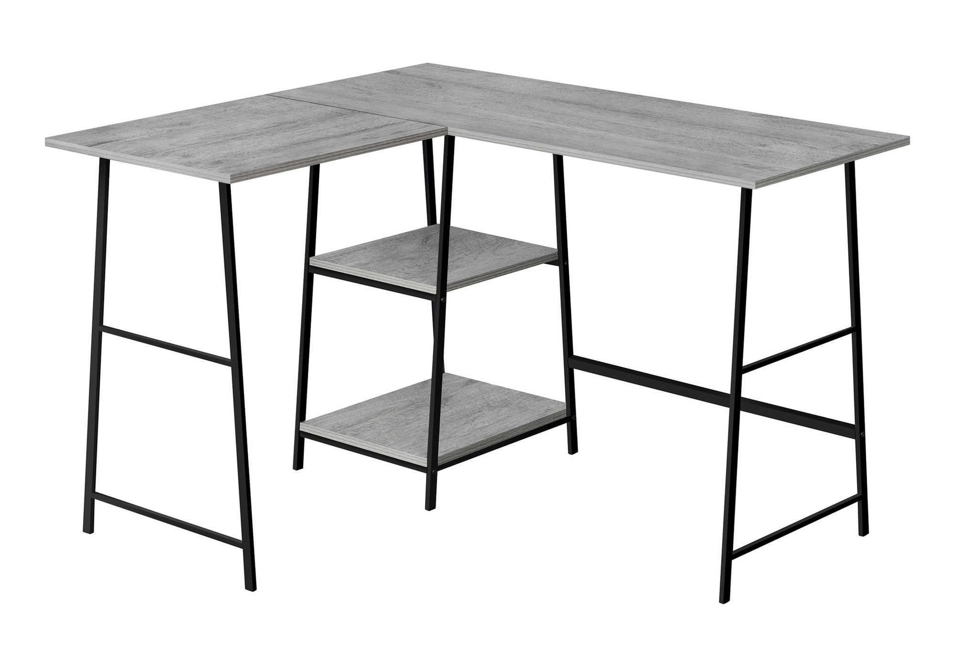Grey wood Lshaped desk with black metal legs and two shelves