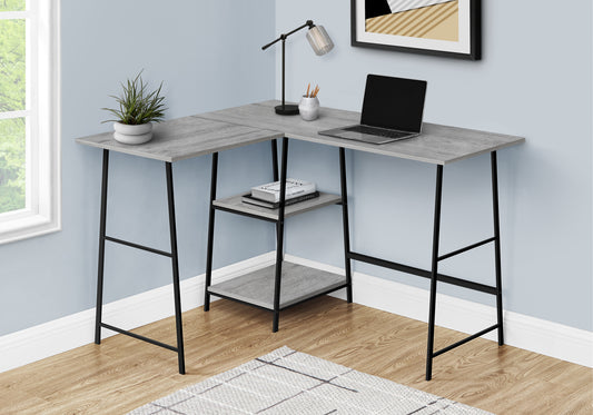 Rustic grey wood Lshaped desk with black metal legs perfect for small spaces
