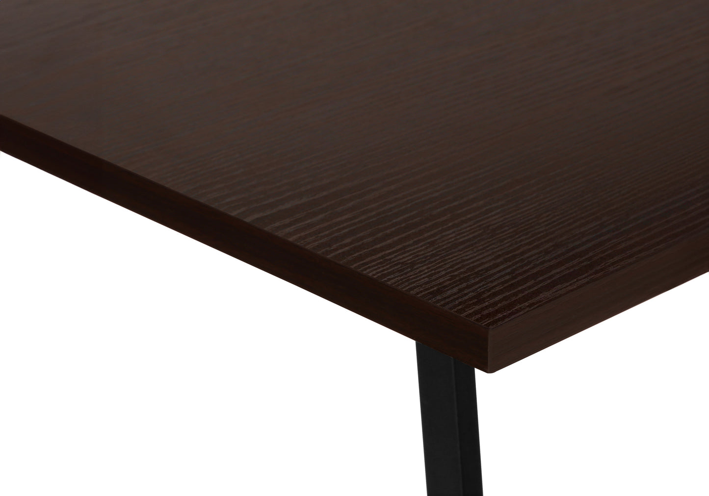 Dark brown wooden tabletop with subtle grain texture on a black metal leg
