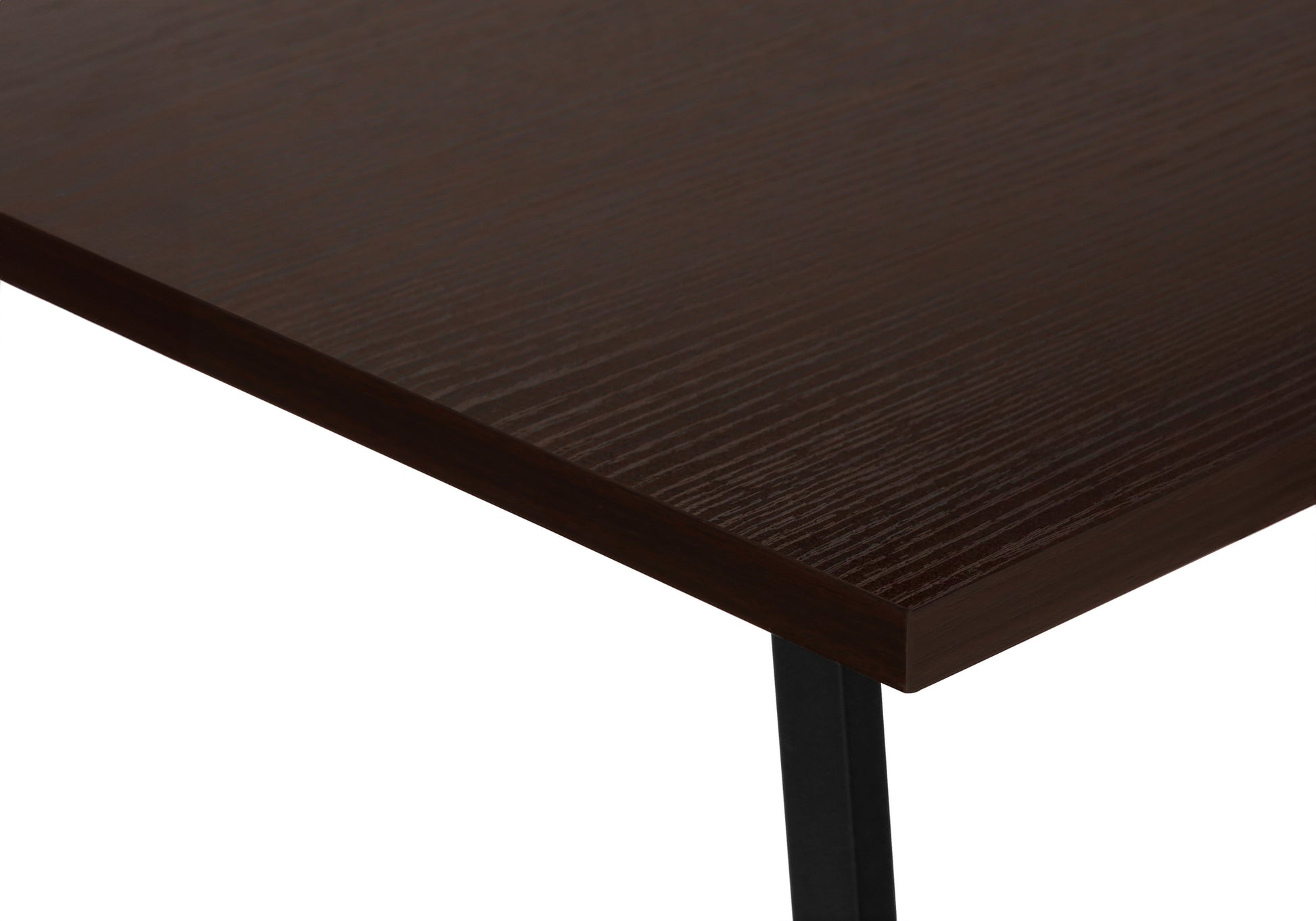 Dark brown wooden tabletop with subtle grain texture on a black metal leg