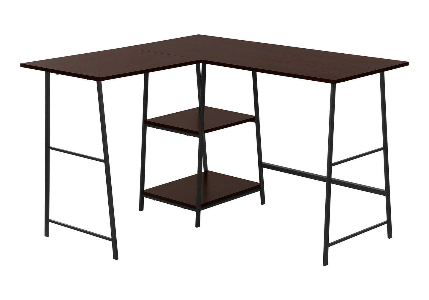 Modern Lshaped corner desk in dark wood finish with black metal legs and builtin shelves
