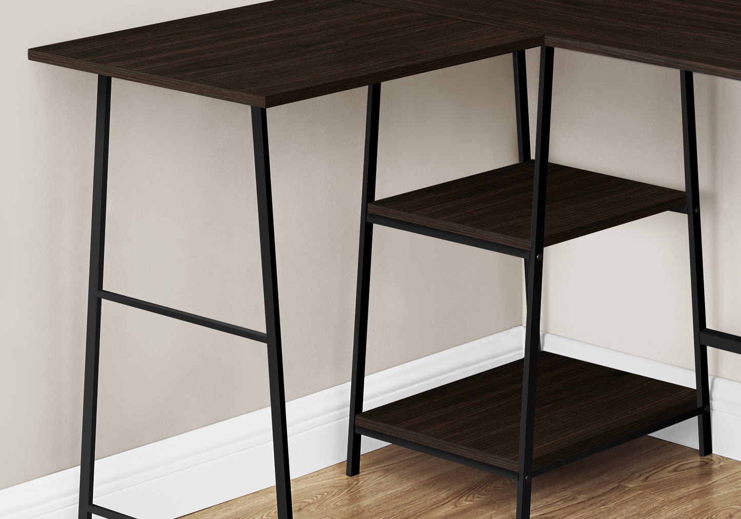 Dark wood desk with black metal frame and two shelves