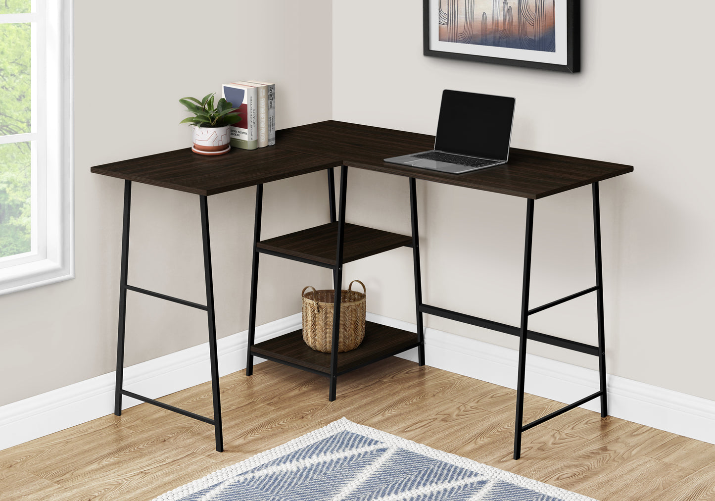 Dark wood lshaped computer desk with black metal legs and two open shelves