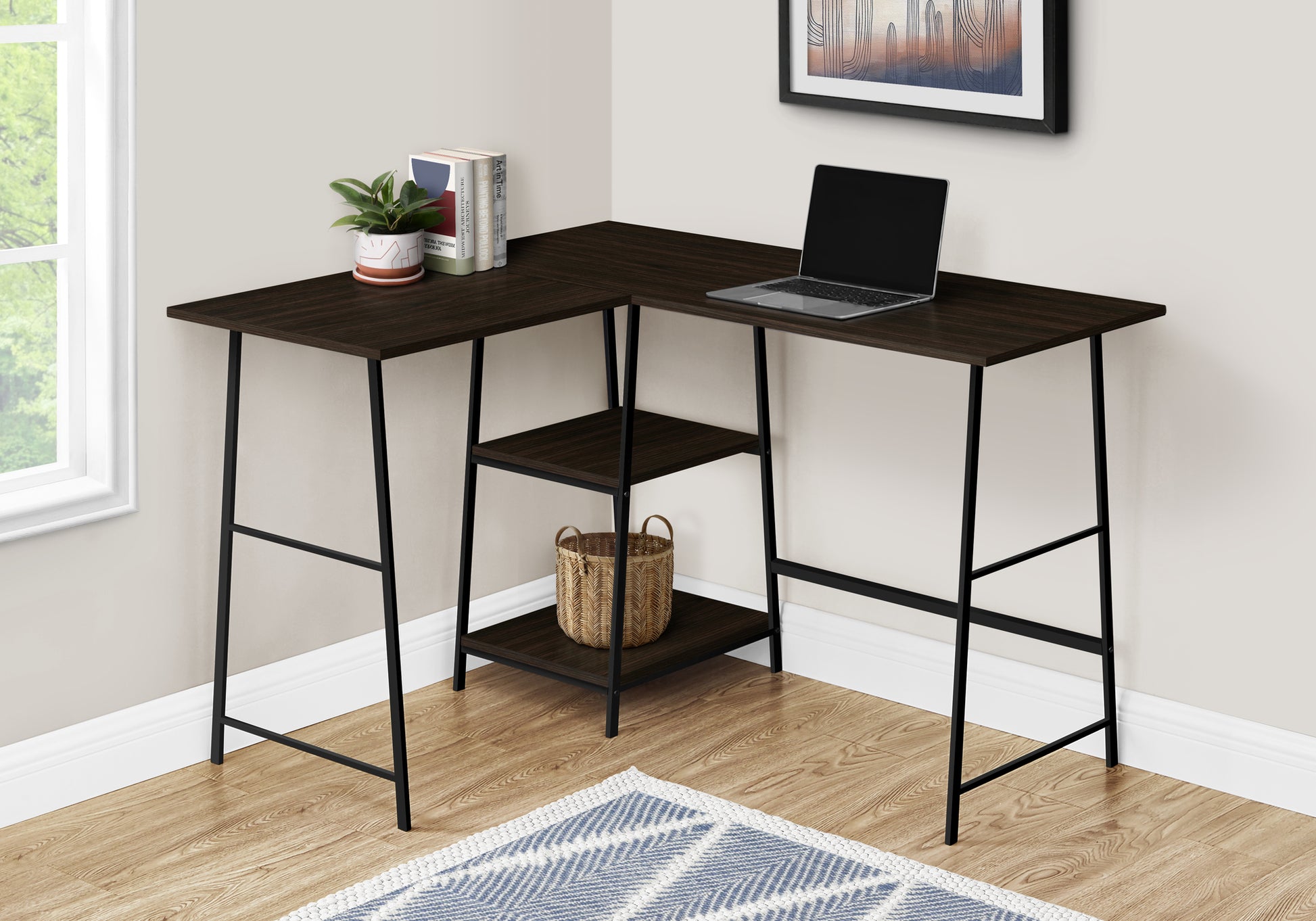 Dark wood lshaped computer desk with black metal legs and two open shelves
