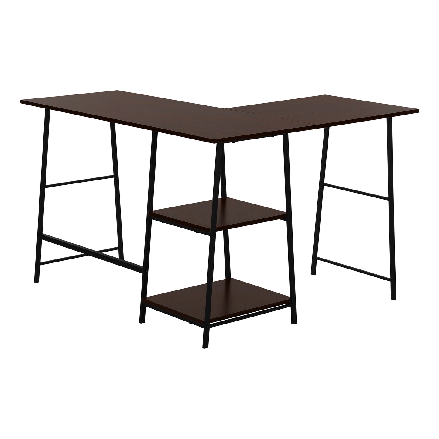 Dark brown Lshaped desk with black metal frame and three open shelves