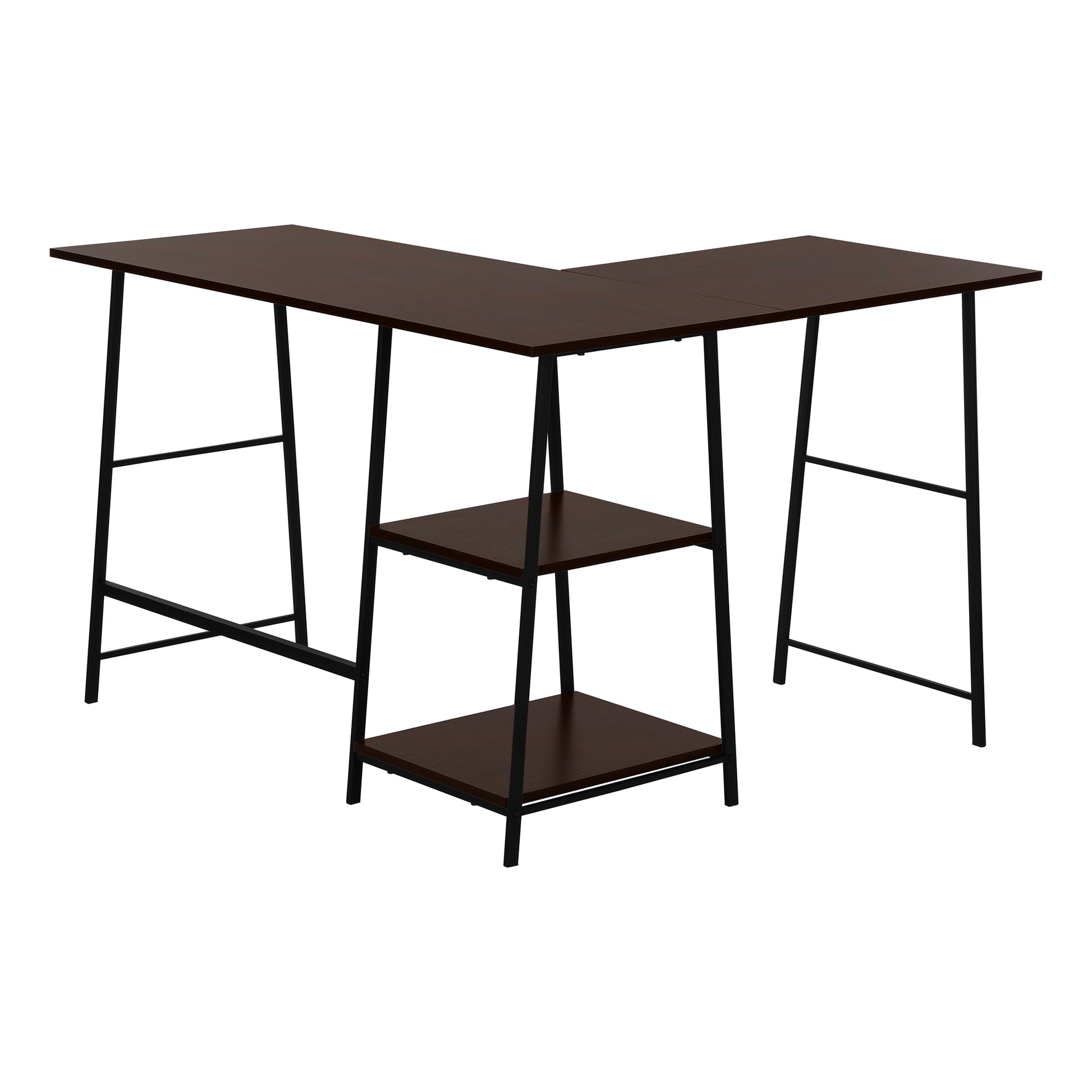 Dark brown Lshaped desk with black metal frame and three open shelves