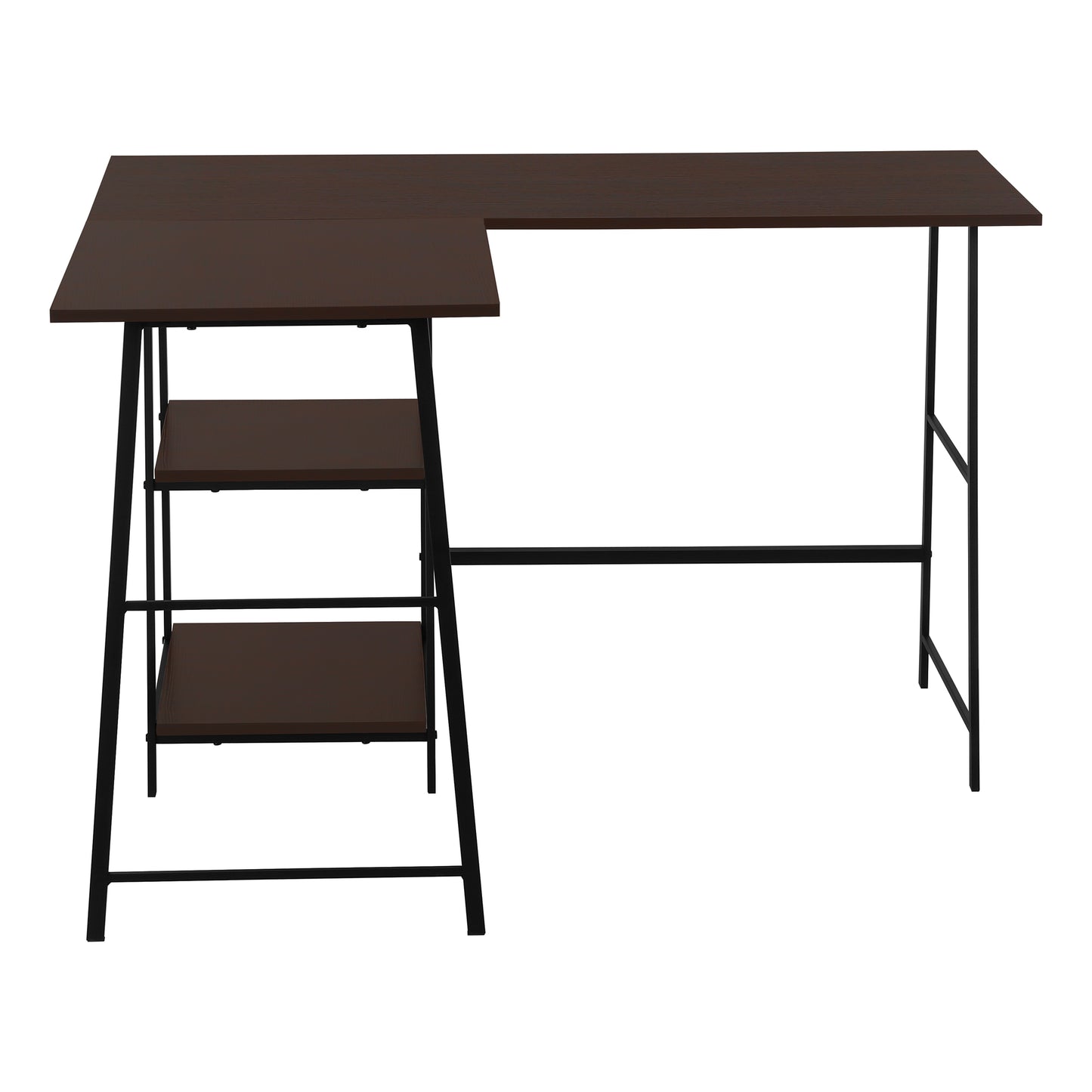 Dark brown Lshaped computer desk with black metal frame and three shelves