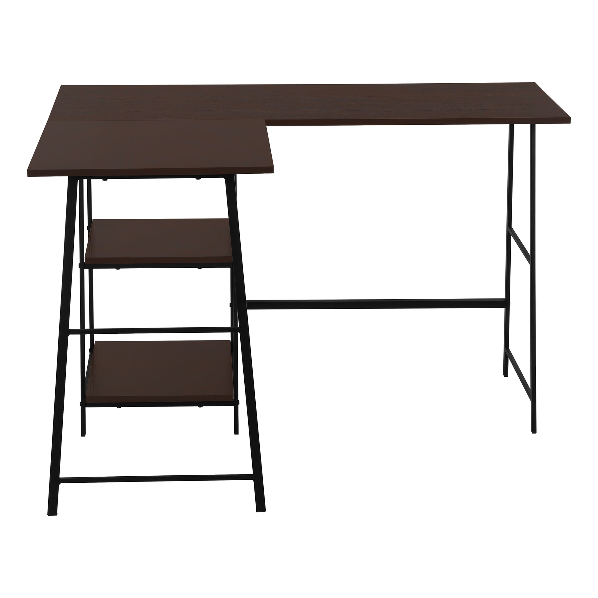 Dark brown Lshaped computer desk with black metal frame and three shelves