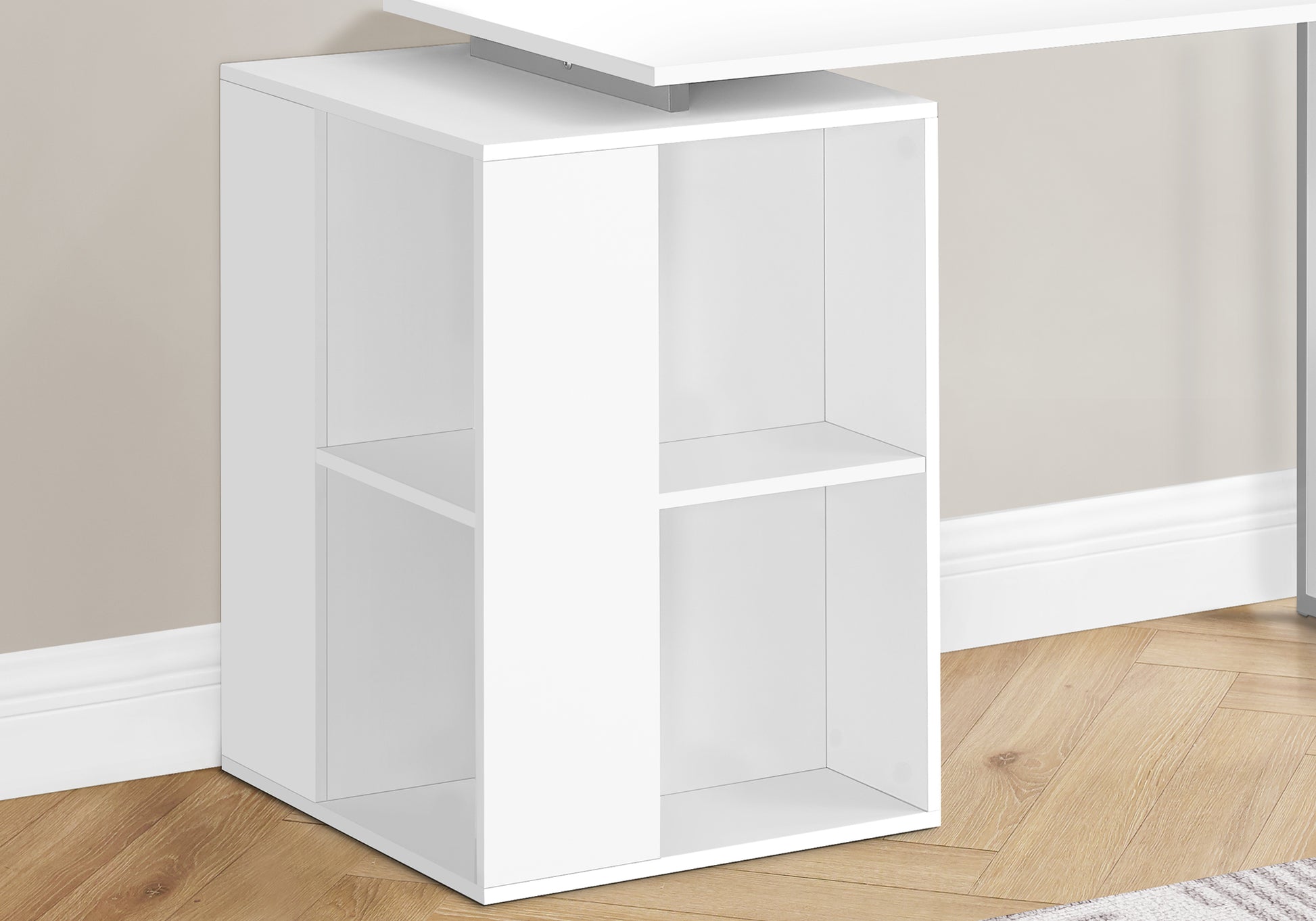 Modern white storage unit with two open shelves and a sleek minimalist design