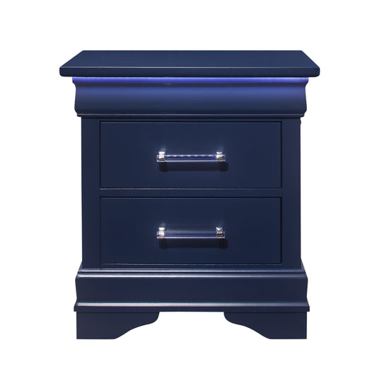 Navy blue wooden nightstand with two drawers and clear crystal handles