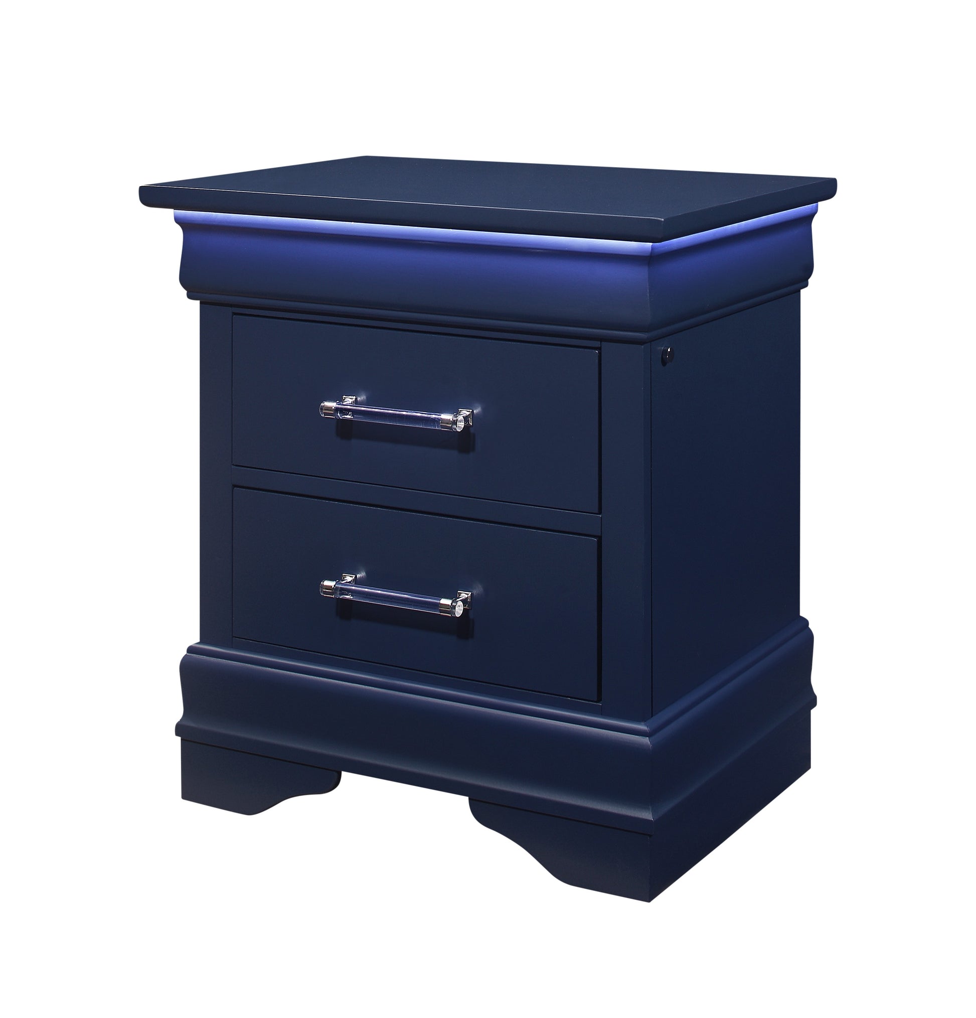 Navy blue nightstand with two drawers and crystal pulls featuring LED lighting