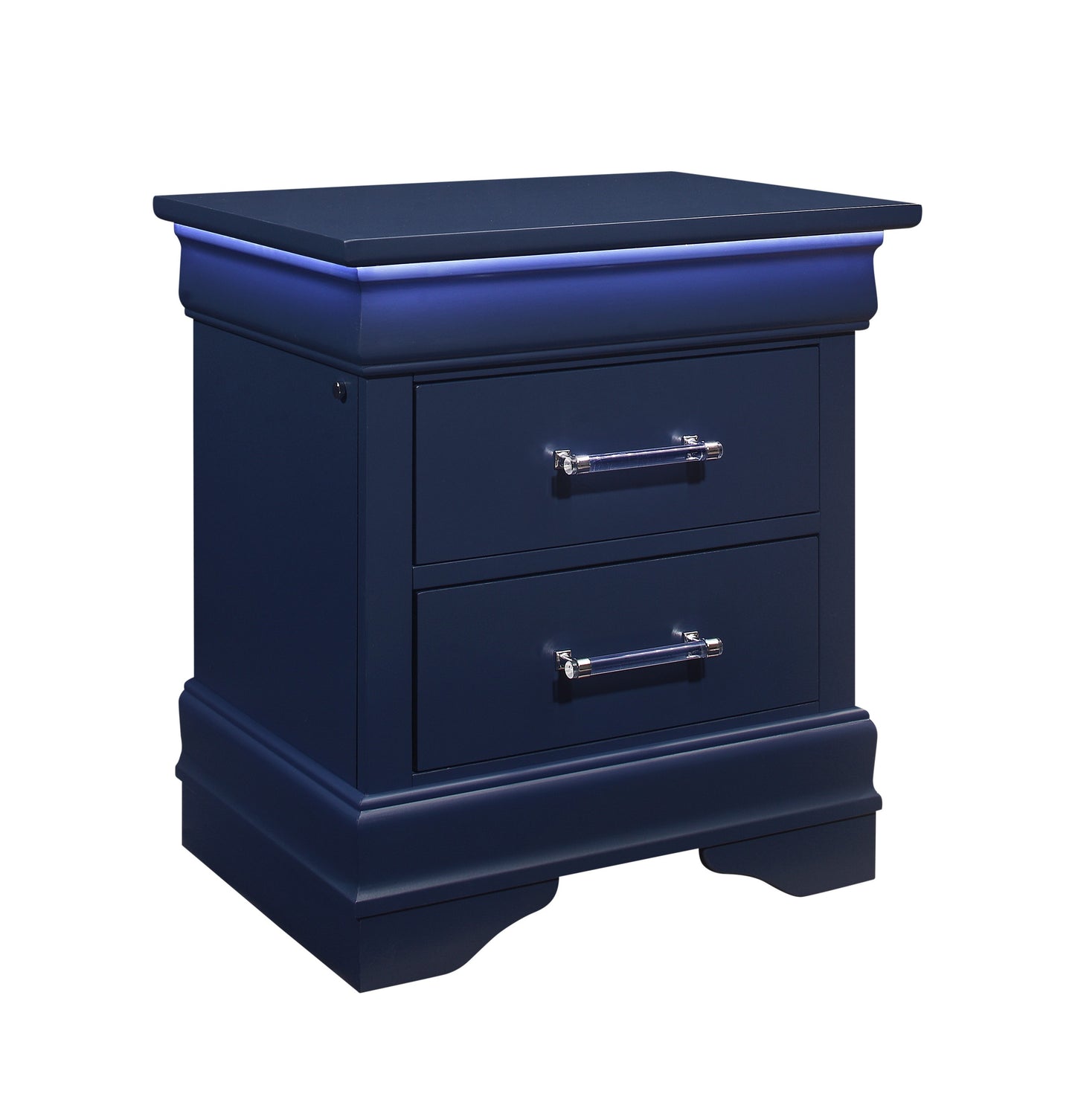 Navy blue twodrawer nightstand with LED accent lighting and crystal pulls
