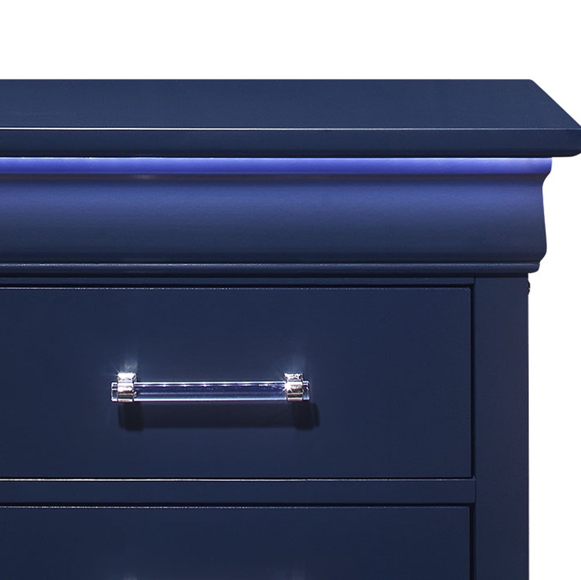 Navy blue dresser drawer with crystal knob and blue LED accent lighting