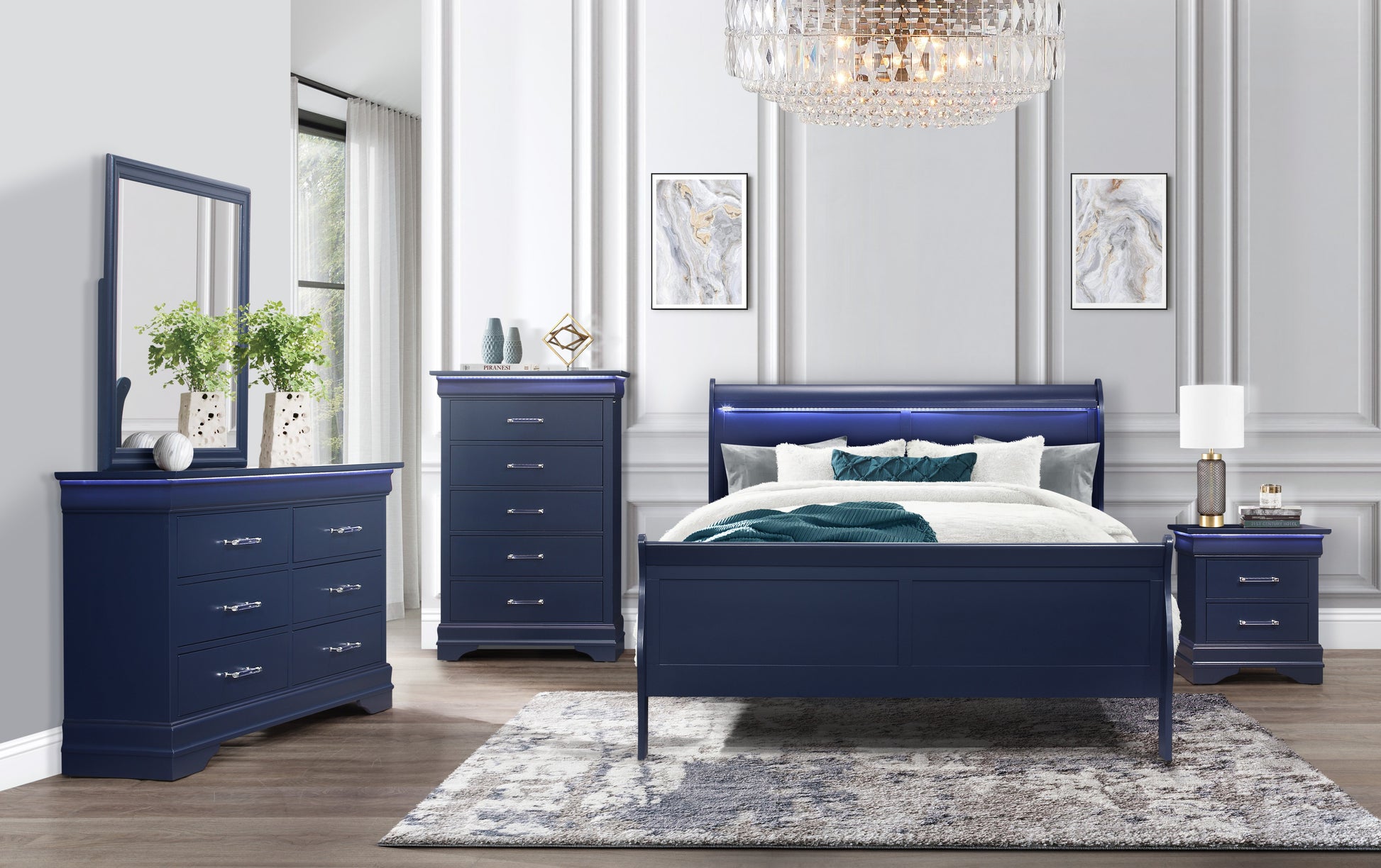 Dark blue bedroom dresser with crystal drawer pulls and subtle LED accent lighting