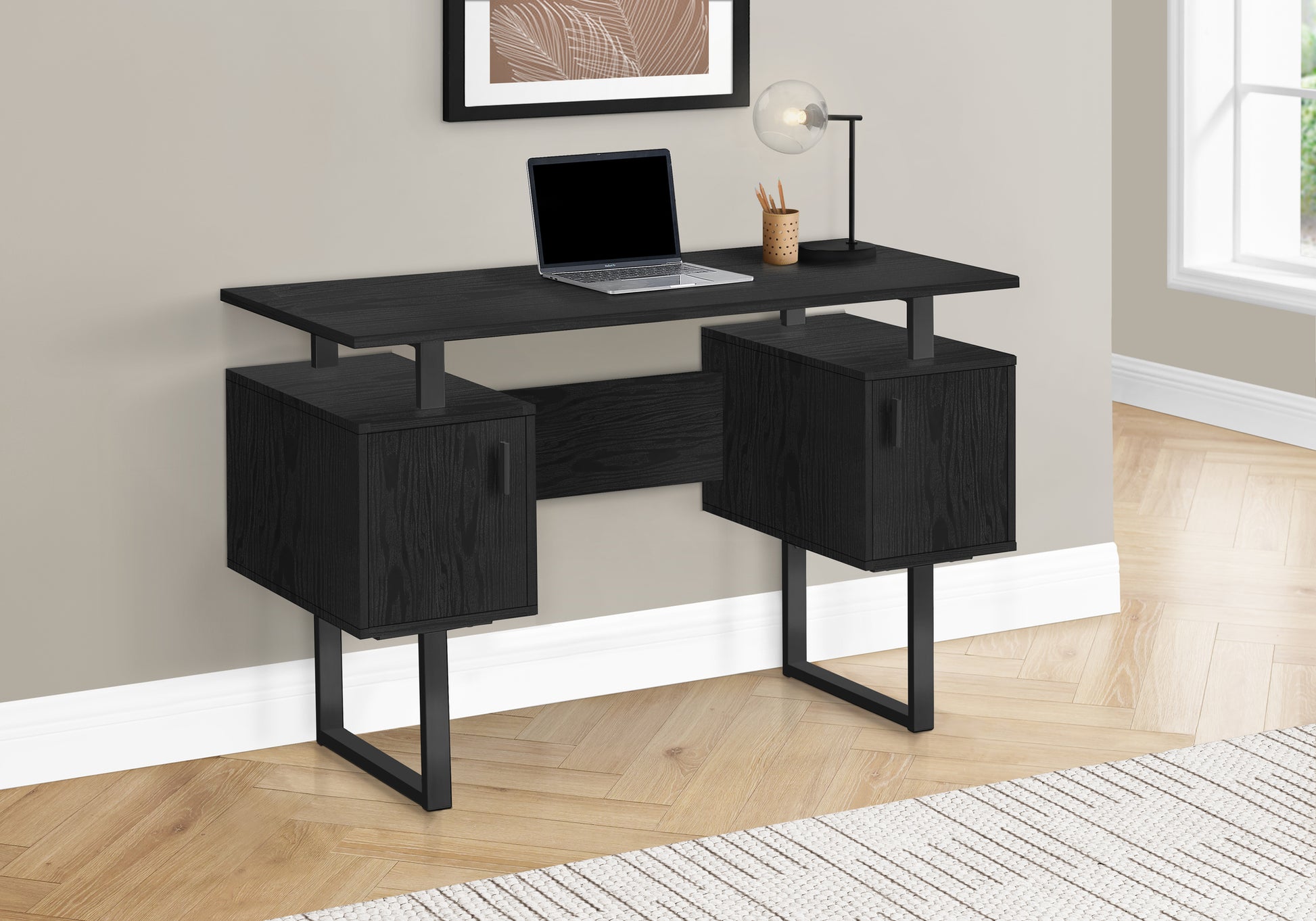 Modern black wood grain desk with two drawers and metal legs ideal for home offices