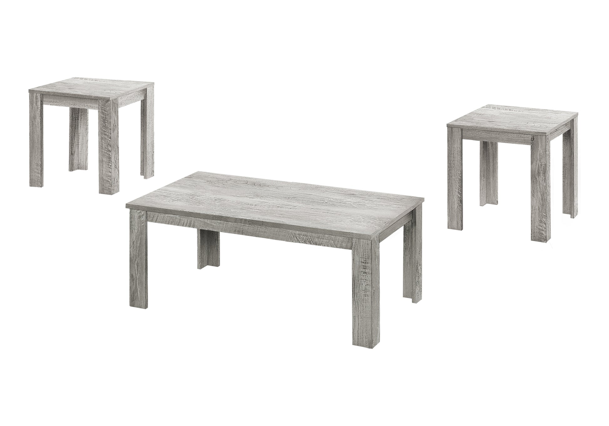 Distressed grey wood coffee table with matching square end tables