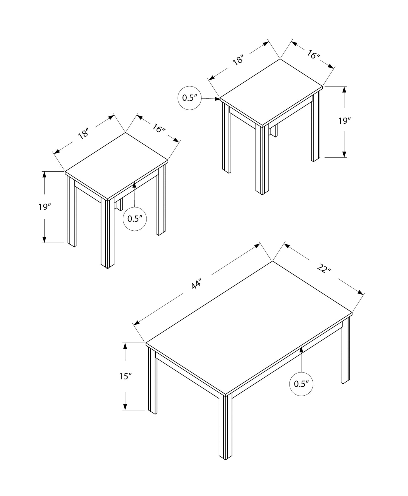 Set of three modern end tables with dimensions xx inches and xx inches