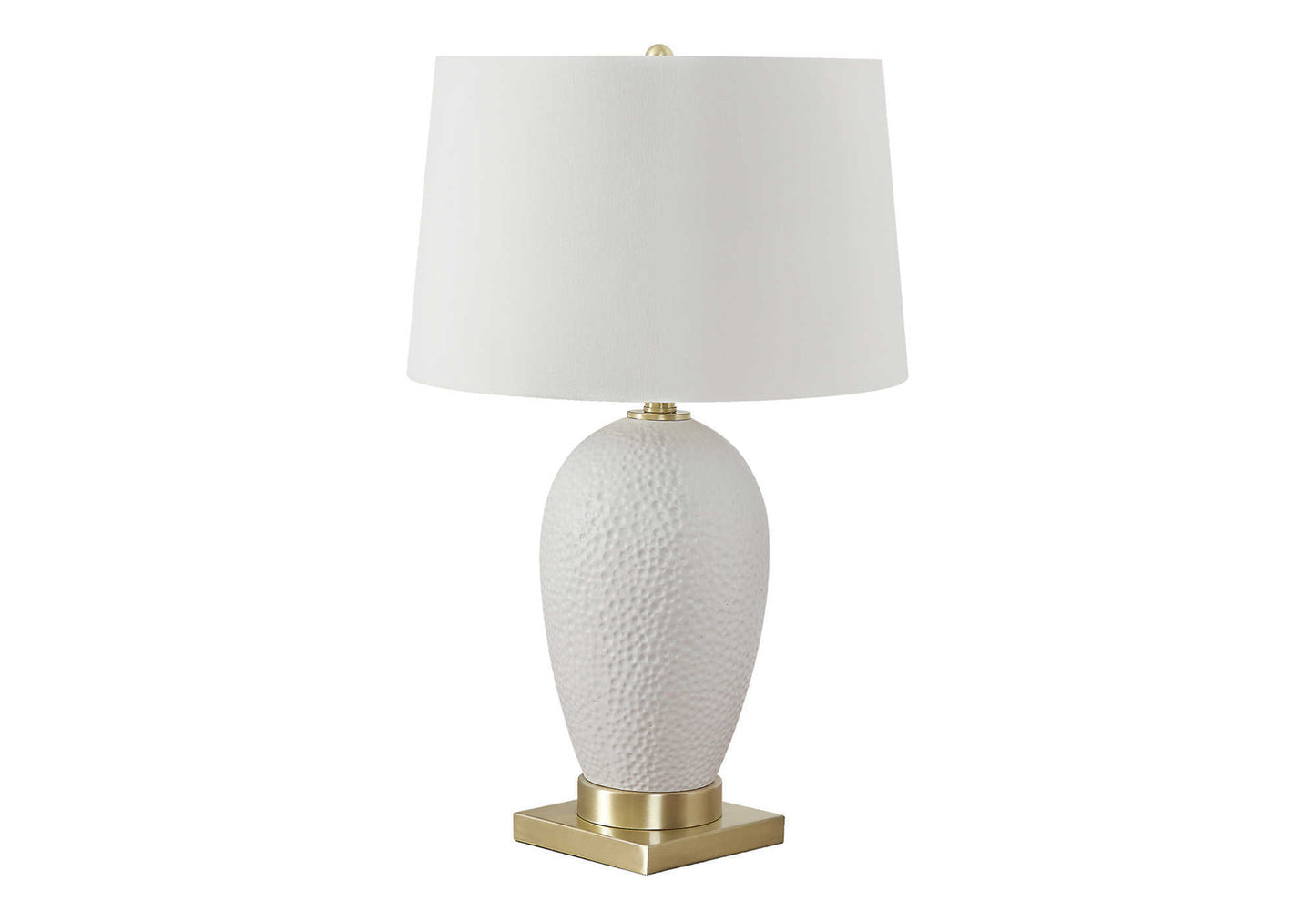 Textured white ceramic table lamp with gold base and white drum shade