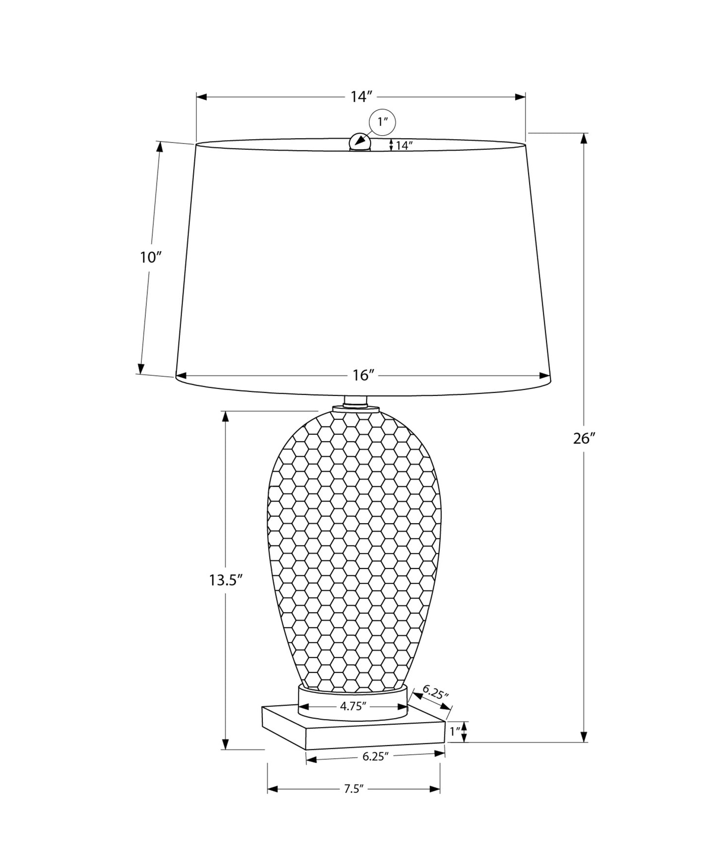 Technical drawing of a modern table lamp with a honeycomb textured base  total height  shade diameter