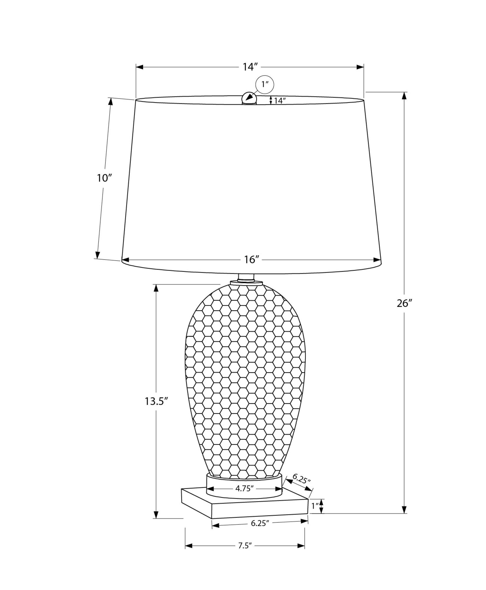 Technical drawing of a modern table lamp with a honeycomb textured base  total height  shade diameter