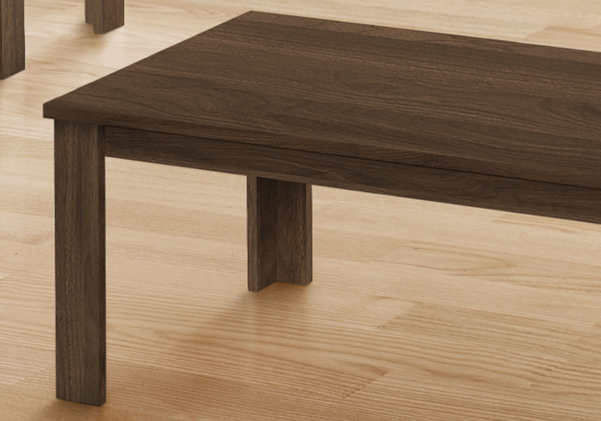 Dark brown oak wood coffee table with clean lines and sturdy legs