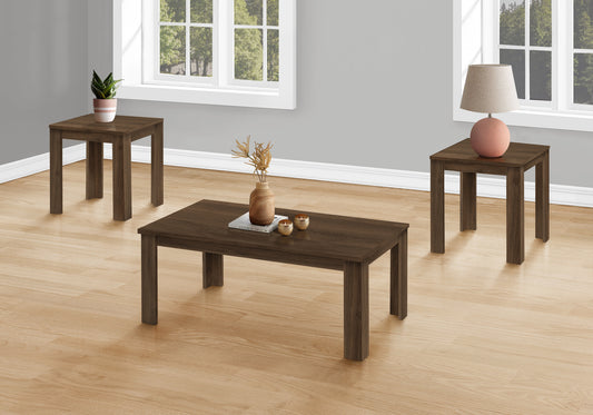 Dark wood rectangular coffee table with decorative vase and candles
