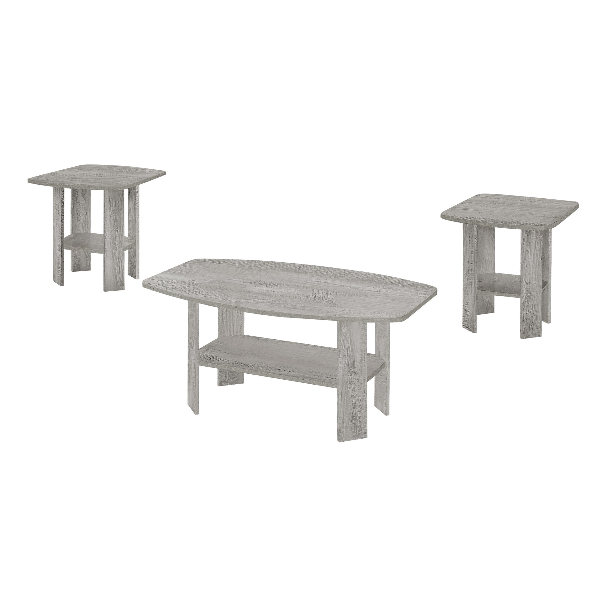 Modern grey wood grain oval coffee table with two matching end tables