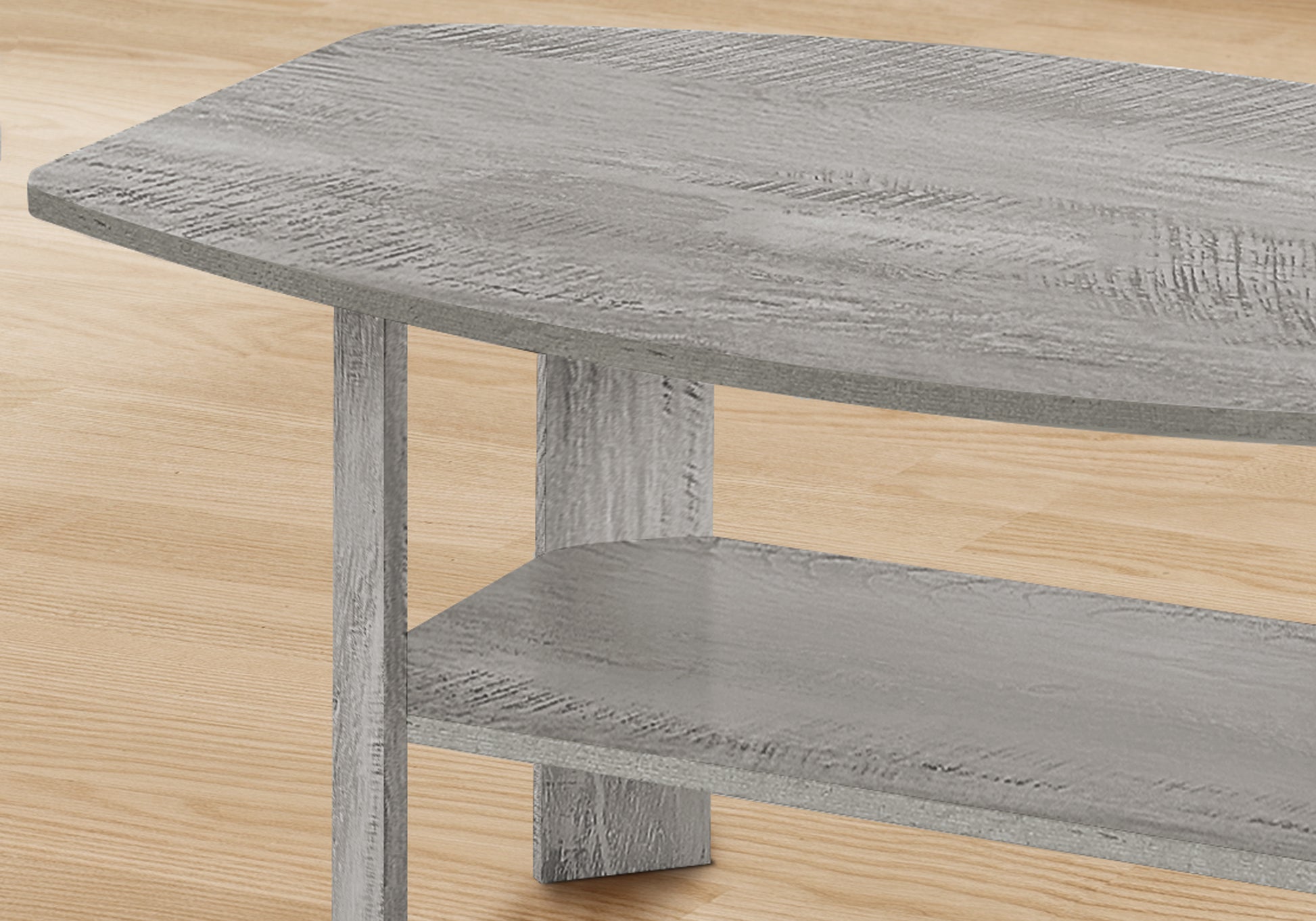 Modern grey wood twotier coffee table with rounded edges
