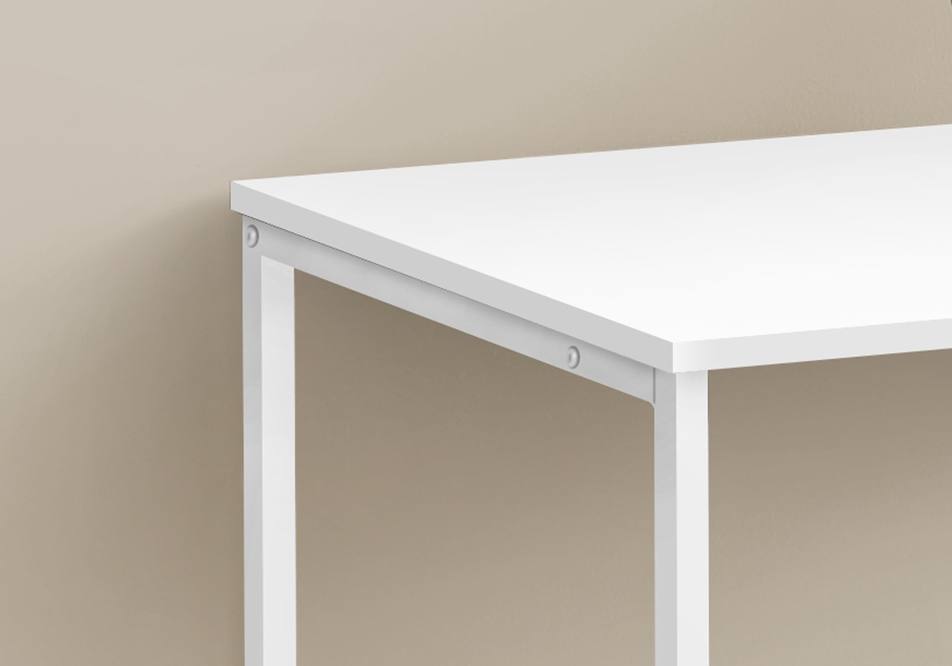 White metal frame desk with a clean white desktop