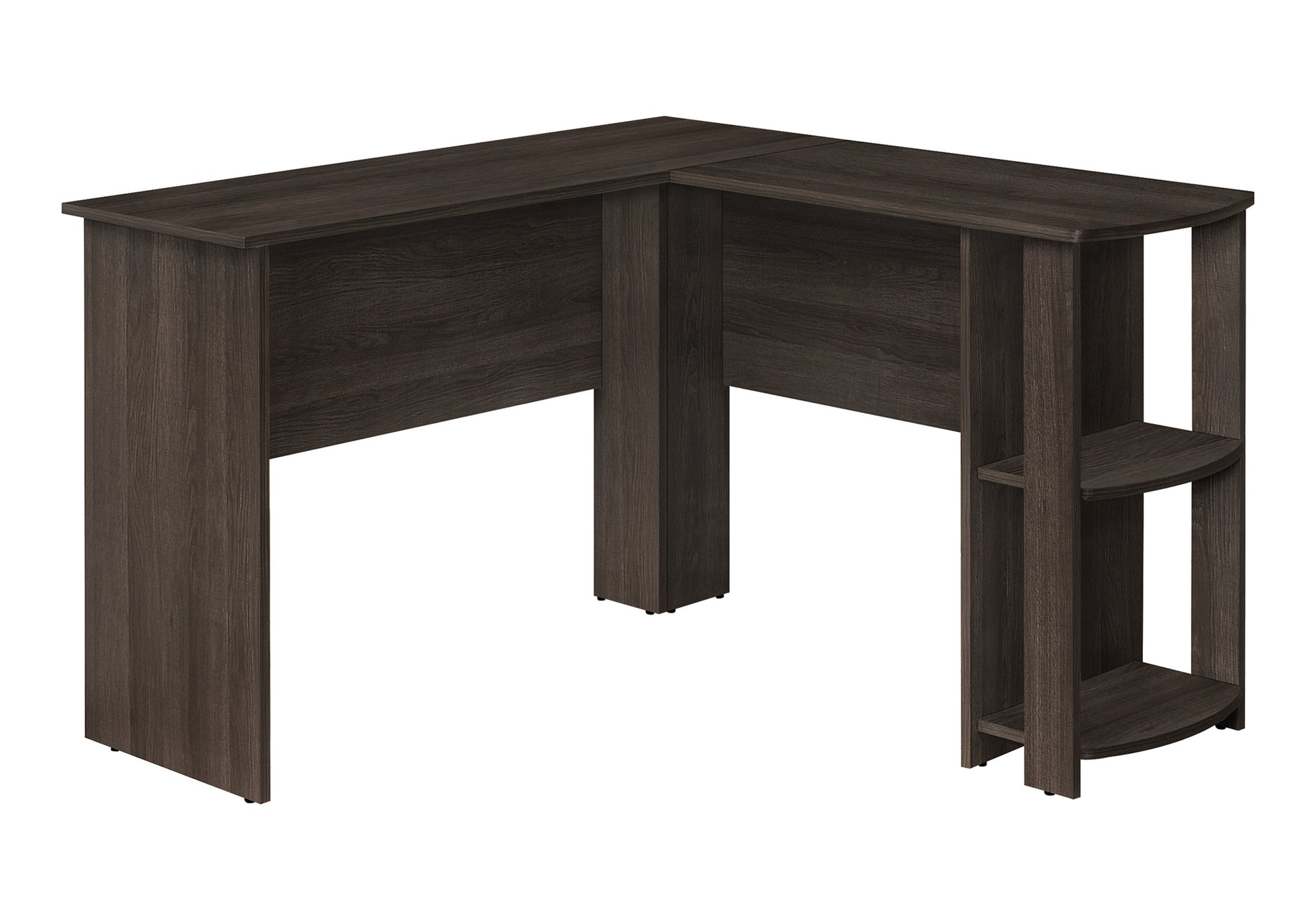 Dark brown Lshaped computer desk with integrated shelving unit