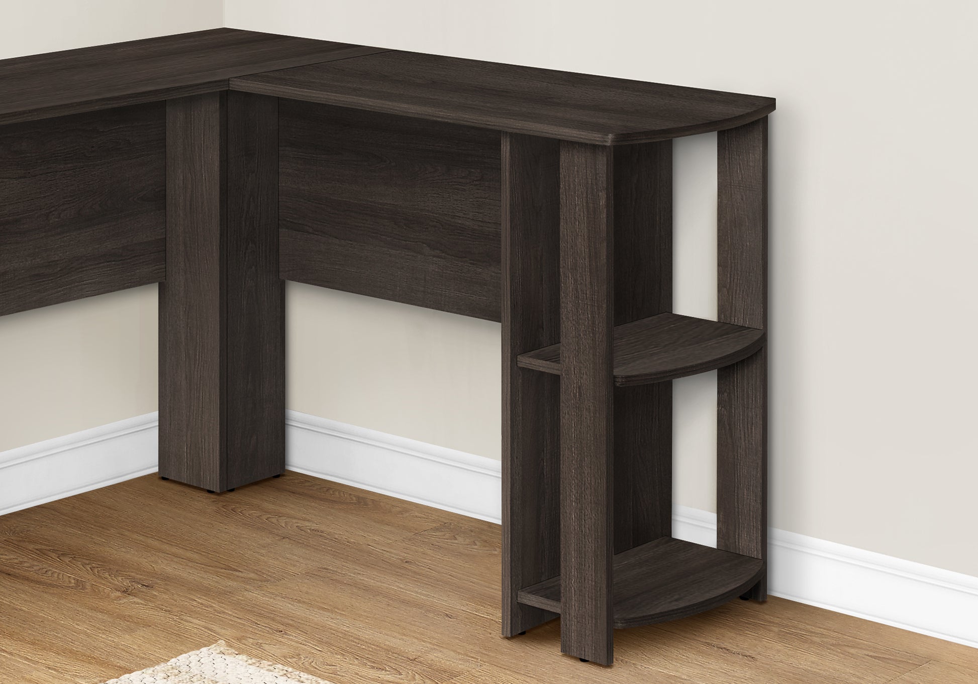 Dark oak laminate corner desk with two curved shelves for storage