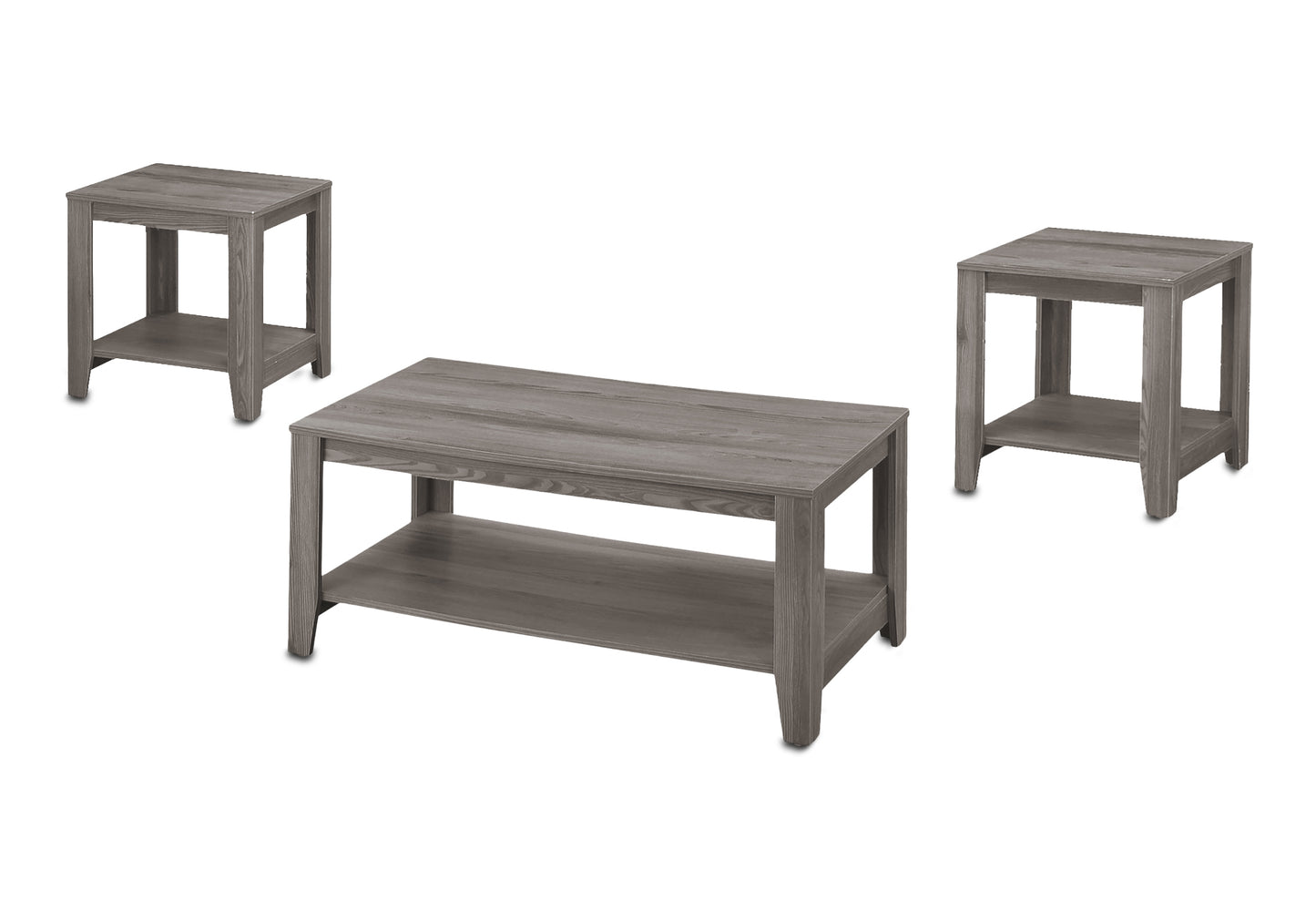 Rustic gray wood coffee table with two matching end tables on a white background