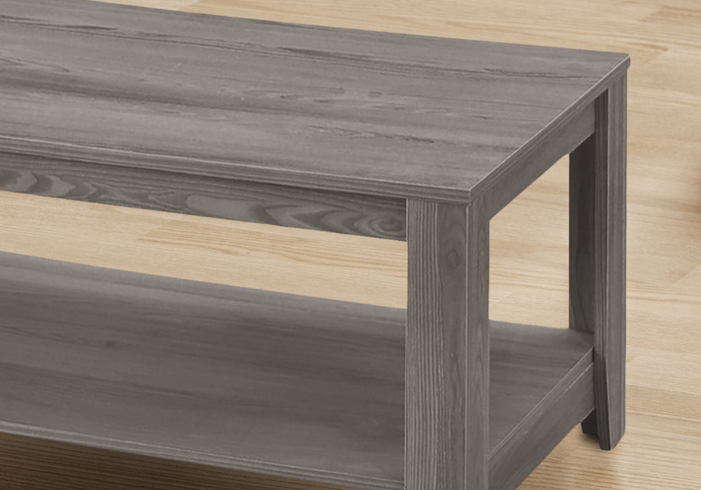 Grey wood entryway bench with lower shelf for shoe storage