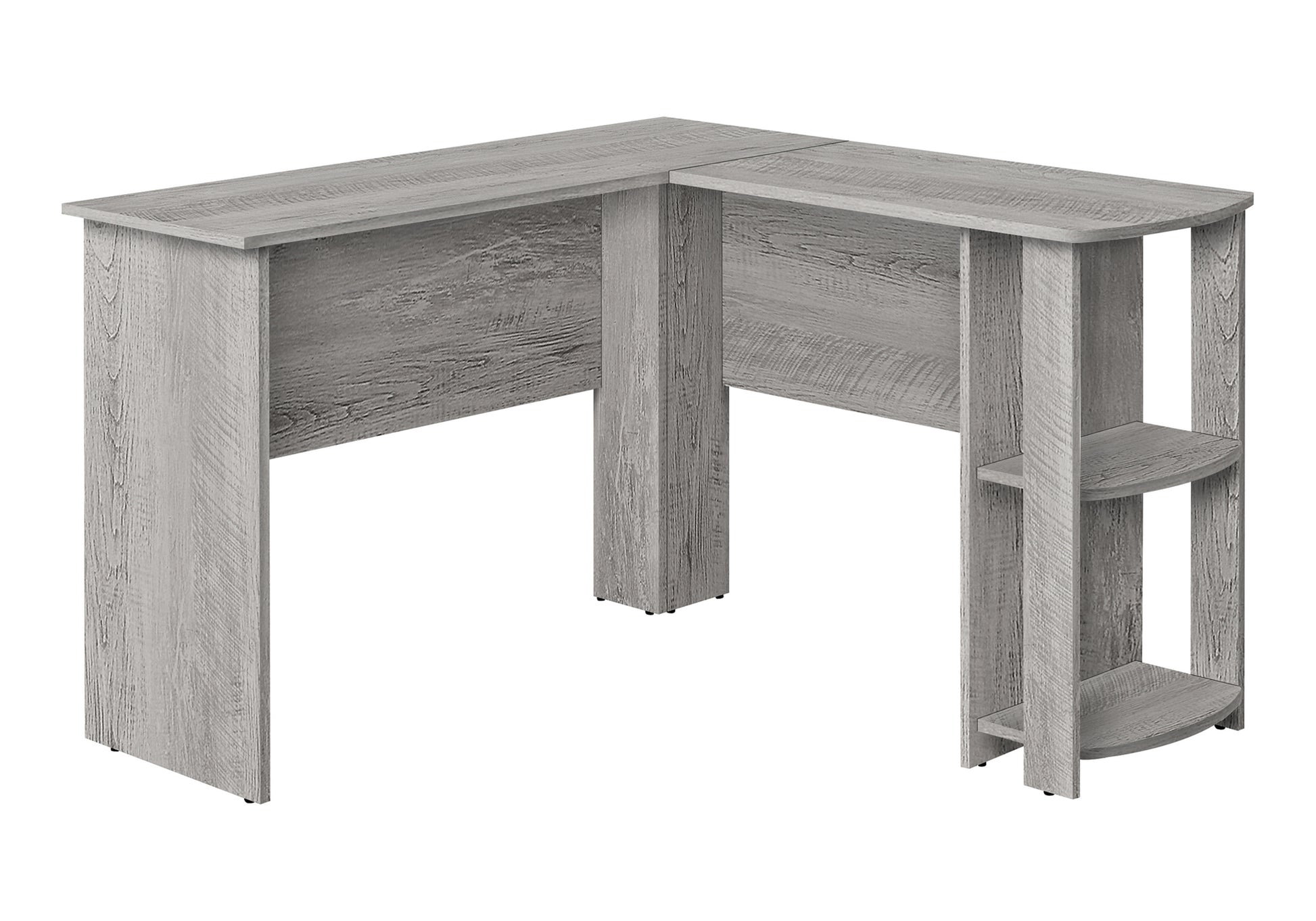 Rustic grey wood finish corner desk with builtin shelving for office or gaming setup