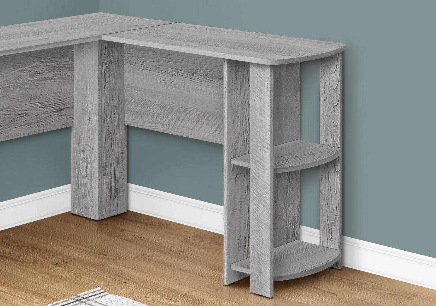 Modern gray corner desk with builtin shelving a spacesaving furniture solution for small offices