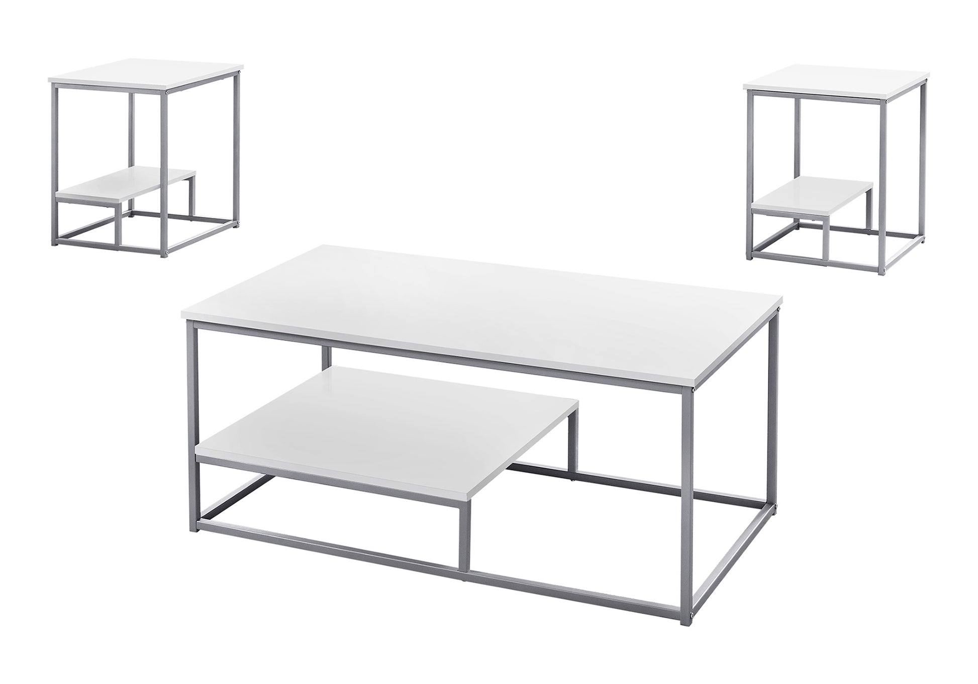 Modern white coffee table with grey metal frame and lower shelf