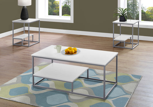 White coffee table with two tiers and silver metal frame modern design