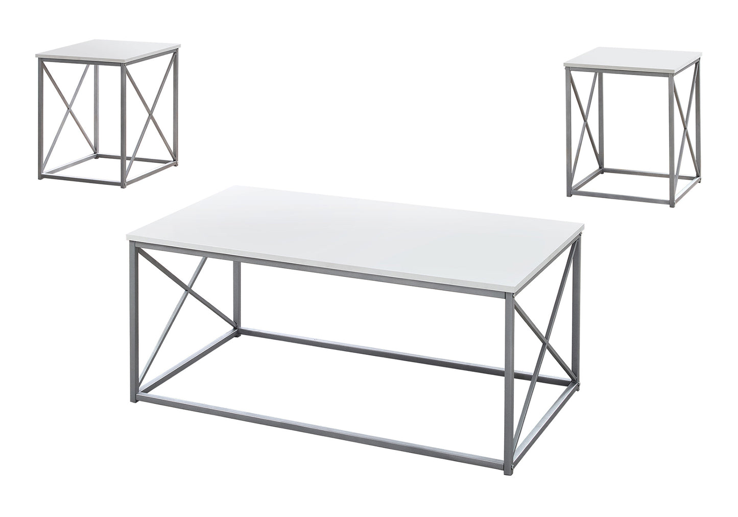Modern white rectangular coffee table with grey metal geometric frame