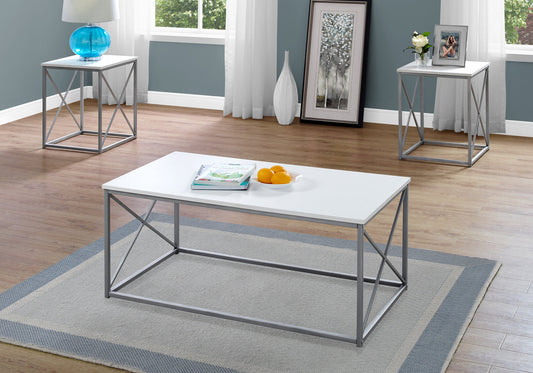 White rectangular coffee table with gray metal frame modern design on a rug