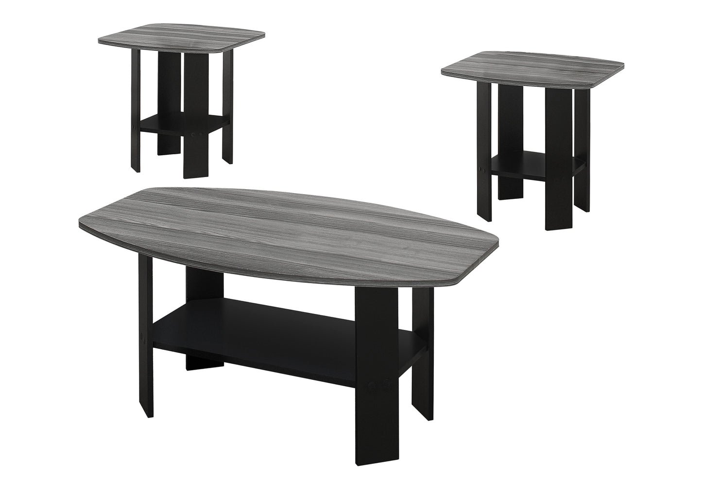 Gray wood grain oval coffee table with black shelf
