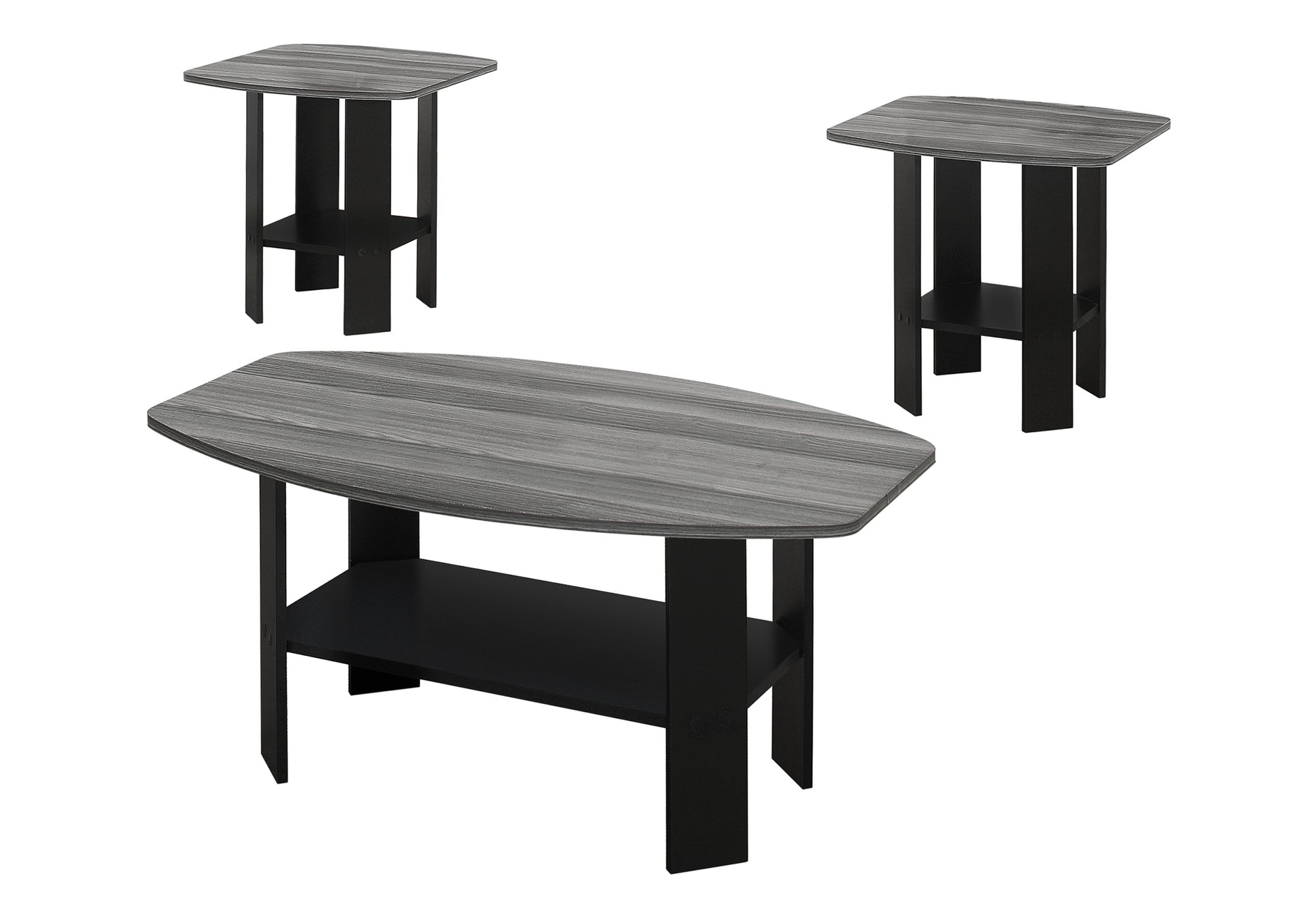 Gray wood grain oval coffee table with black shelf