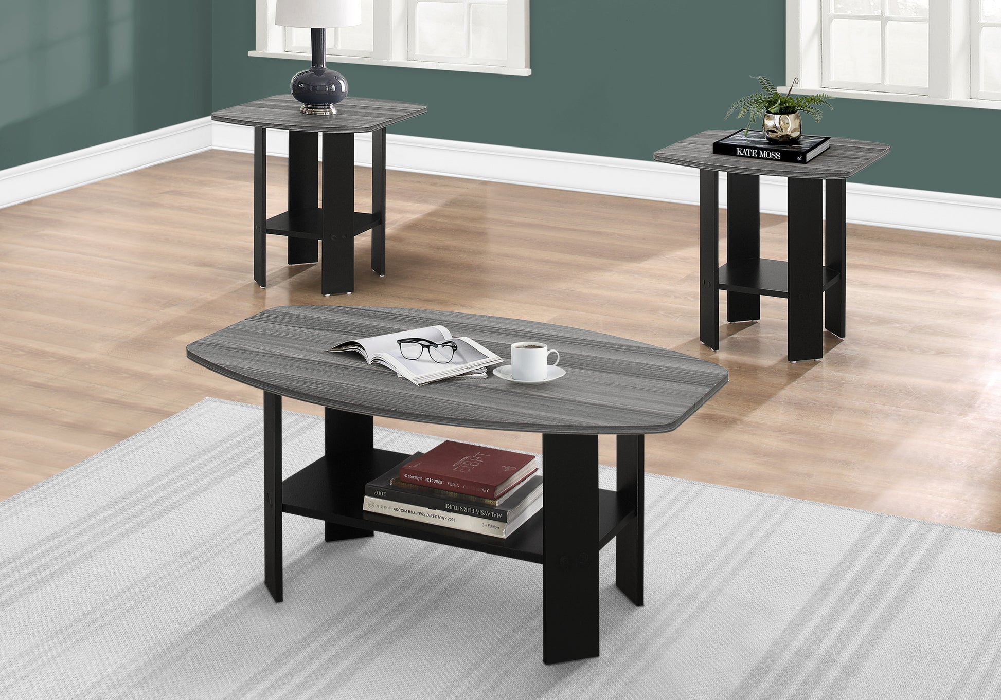 Modern gray wood grain coffee table with duallevel storage ideal for living rooms