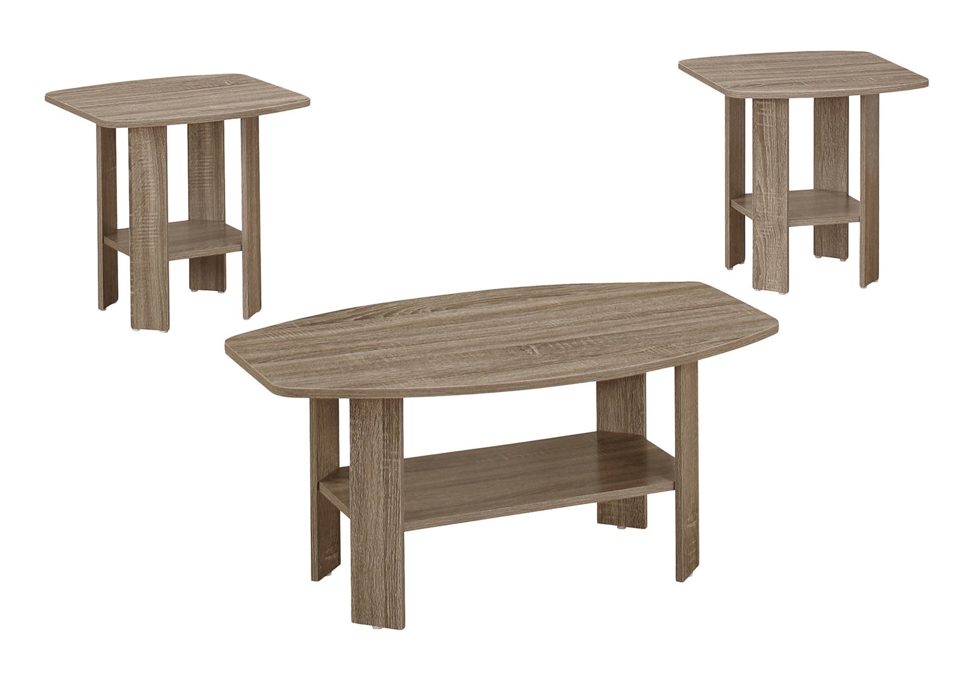 Brown wood grain coffee table with two lower shelves for living room decor