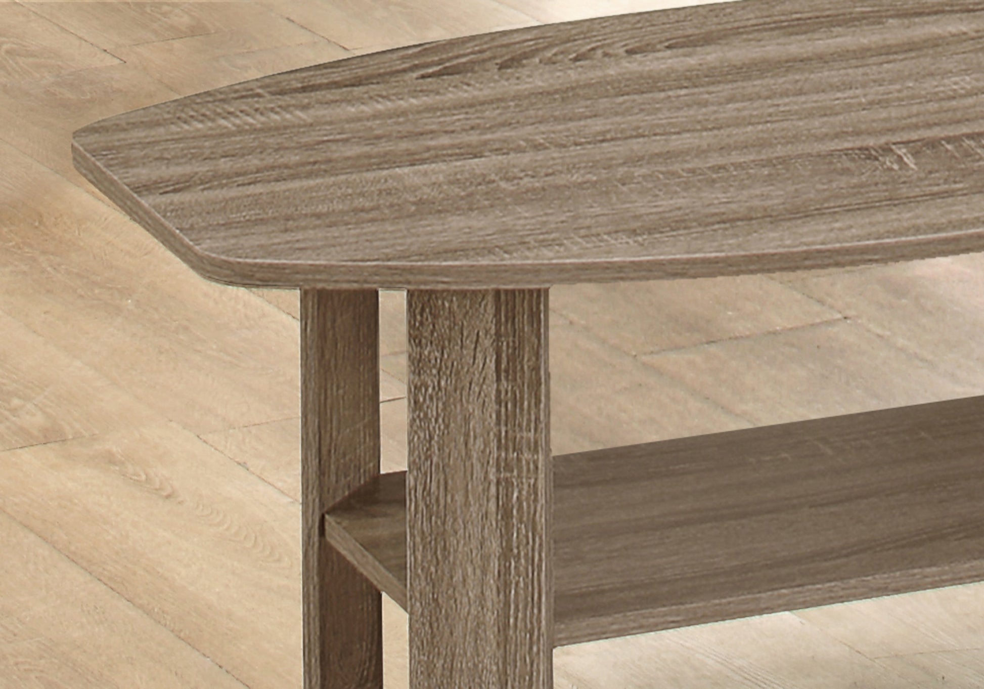 Rustic oak wood coffee table with a hexagonal top and lower shelf