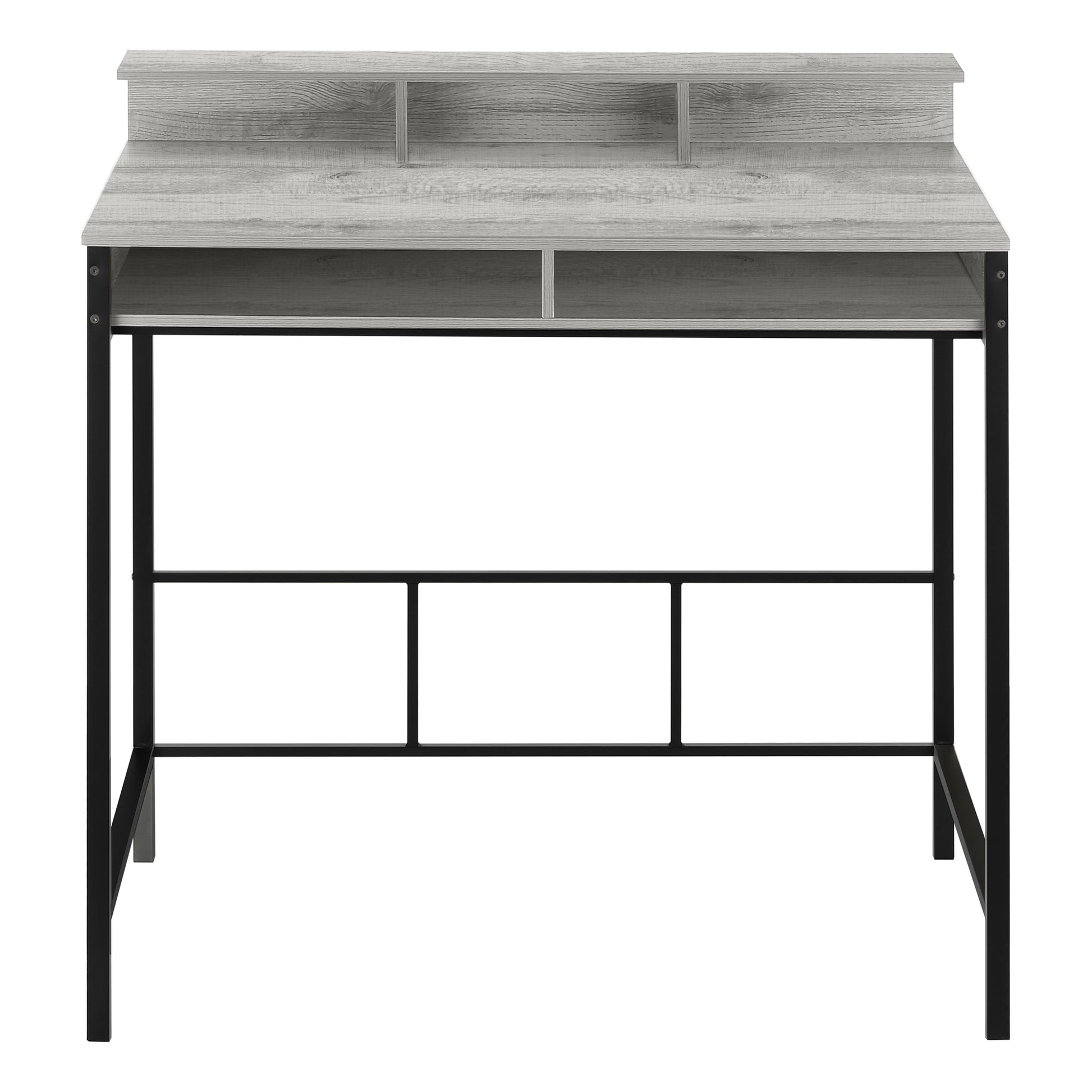 Gray wood grain computer desk with black metal frame and storage shelves