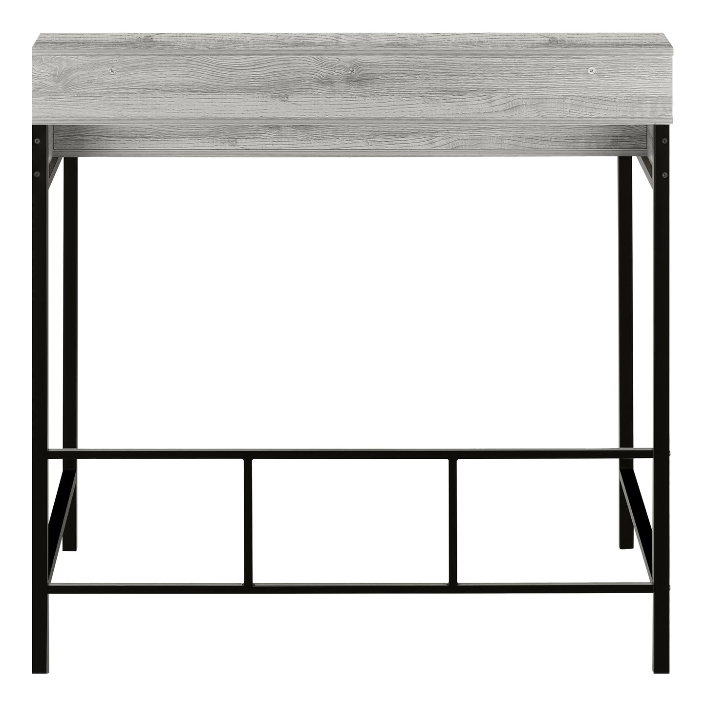 Rustic grey wood top bar table with black metal frame and footrest