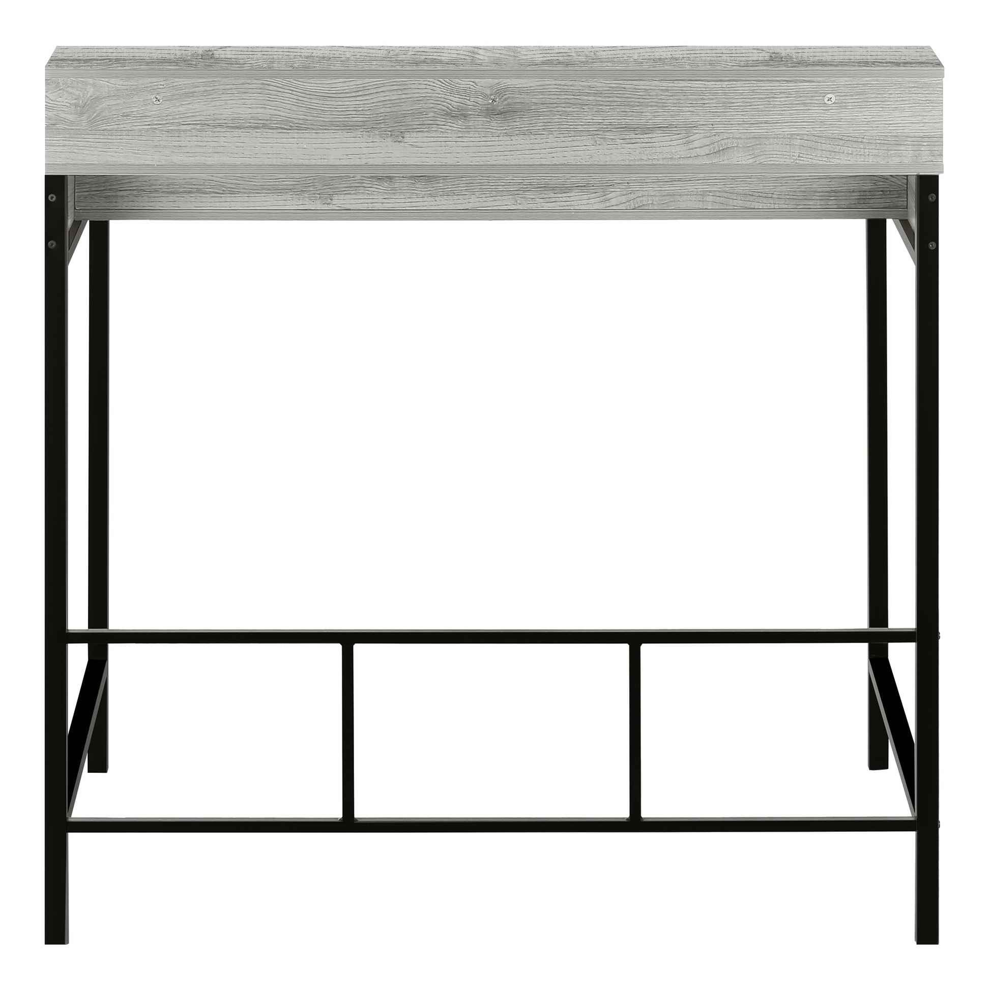 Rustic grey wood top bar table with black metal frame and footrest